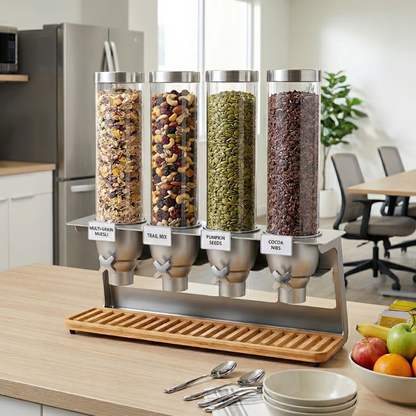 X4 tabletop dry food dispenser with bamboo tray in office break room, labeled with multi-grain muesli, trail mix, pumpkin seeds, and cocoa nibs