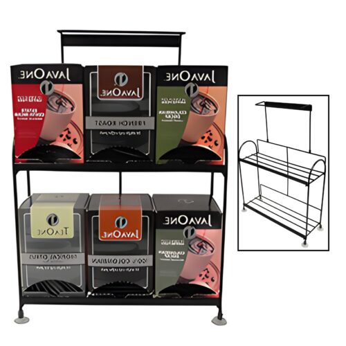 Wire Coffee/Tea Pod Box Rack with 6 selections, designed for organized pod storage. Dimensions: 4 7/8" L x 18 3/4" H x 12 1/2" W.