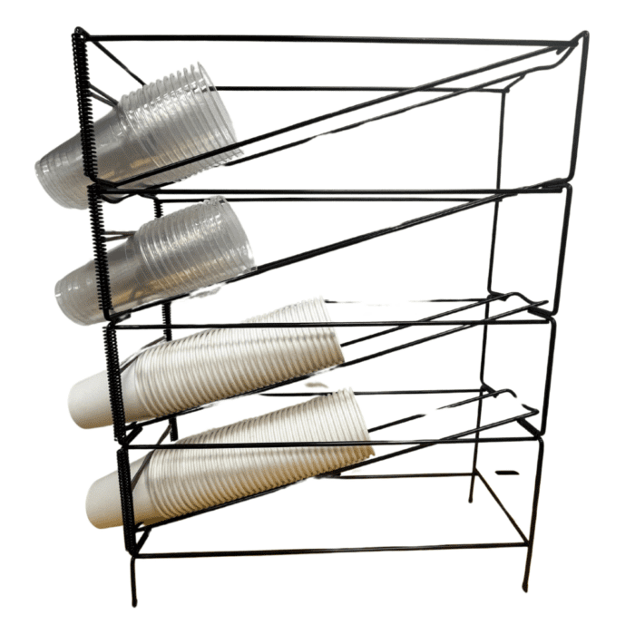 Caffein8 Vertical Cup Dispenser 4-SEL CAF-161, 4 selections for cups, compatible with Lid Organizer CAF-162, dimensions 7 1/4 x 24 3/4 H x 20 D inches.