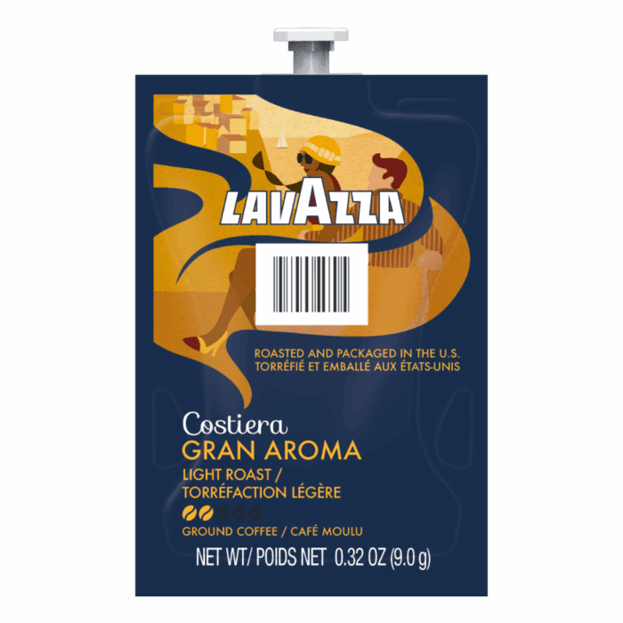 Lavazza Gran Aroma coffee brew pack, single-serve commercial packet, rich and aromatic flavor, designed for professional coffee machines, featuring roasted coffee beans.