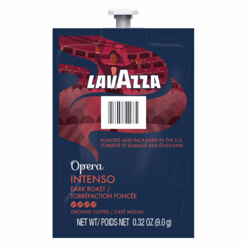 Lavazza Intenso coffee brew pack, single-serve commercial packet, bold and intense flavor, designed for professional coffee machines, featuring roasted coffee beans.