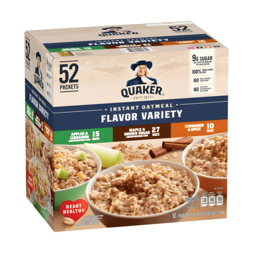 Quaker Instant Oatmeal Variety Pack with 52 packets, featuring Apples & Cinnamon, Maple & Brown Sugar, and Cinnamon & Spice flavors.