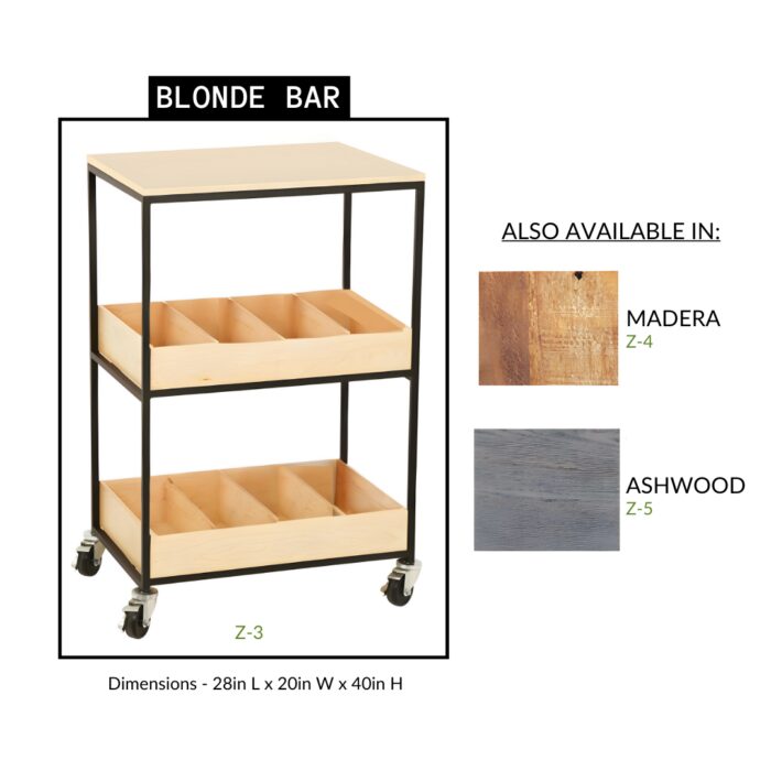 Blonde Bar Cart with 28-inch width, 20-inch depth, and 40-inch height, featuring a light wood finish and black frame. Compatible with E8-149 and ZWP™ snacks.