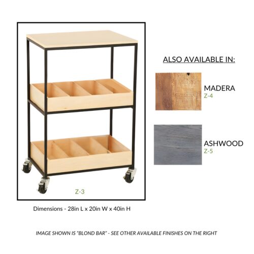 Madera Bar Cart with 28-inch width, 20-inch depth, and 40-inch height, featuring a rustic wood finish and black frame. Compatible with E8-149 and ZWP™ snacks.