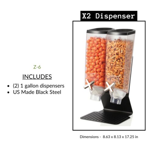 X2 Dispenser featuring two 1-gallon dispensers with a black steel frame, designed for tabletop use. Perfect for snacks or toppings.