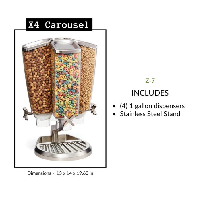 X4 Carousel Dispenser featuring four 1-gallon acrylic containers with a stainless steel stand, designed for tabletop use.