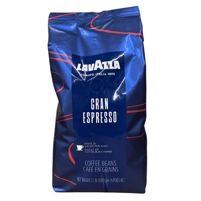 Gran Espresso Roast whole-bean coffee blend with bold, full-bodied flavors, crafted from Arabica and Robusta beans for traditional Italian espresso.