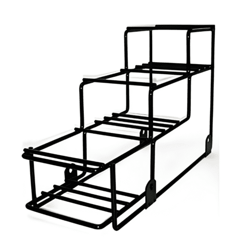 Stainless Steel Wire Syrup Rack with three sections for organized syrup storage. Dimensions: 3 3/4" L x 3 3/4" H x 13 1/8" D.