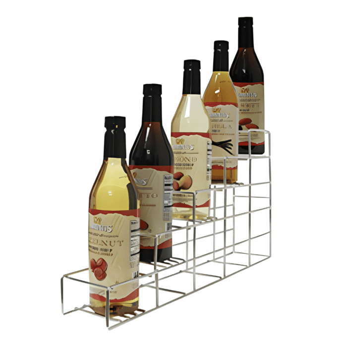 5-Select Wire Syrup Rack with five sections for organizing syrup bottles, designed for countertop use.