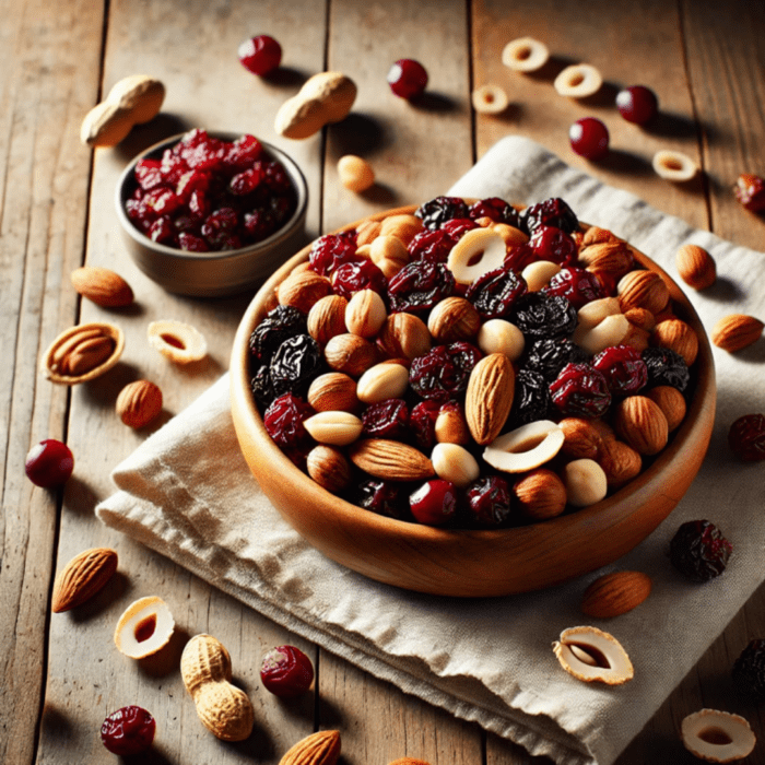 Cranberry Peanut Almond Mix spread out with dried cranberries, raisins, peanuts, and almonds, showcasing vibrant colors and crunchy textures.