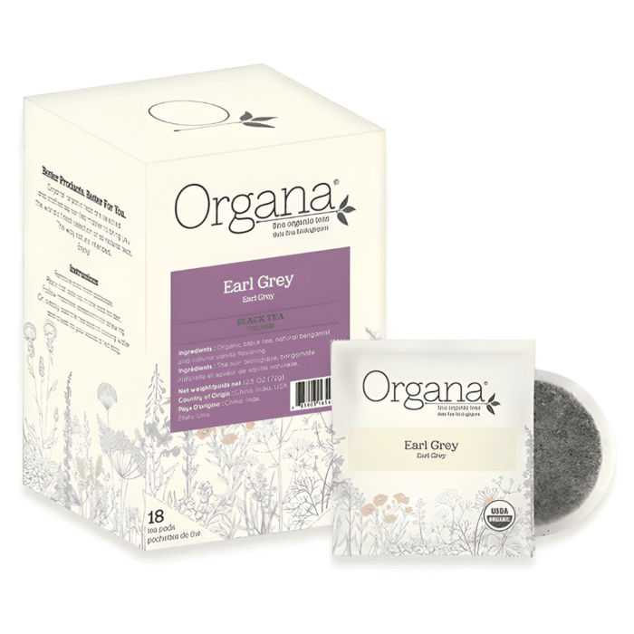 Caffein8 Earl Grey Tea Pods packaging featuring a medium-bodied blend of organic Tanzania and China black tea with bergamot oil and Australian lemon myrtle.