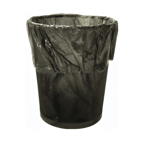 Elimin8™ American-made 90% recycled black garbage liners, 24x23 inches, 7-10 gallon capacity, heavy gauge construction for durability.