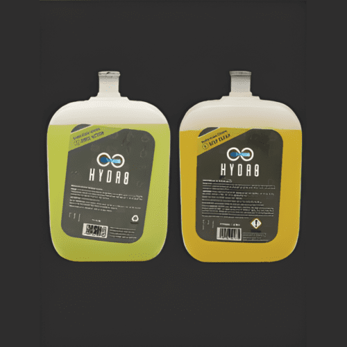 Hydr8 Decontamin8 machine kit with 4 Bio-Cleaning bottles and 4 Deep Cleaning bottles, eco-friendly cleaning solution for ZWP™ sustainable office systems.