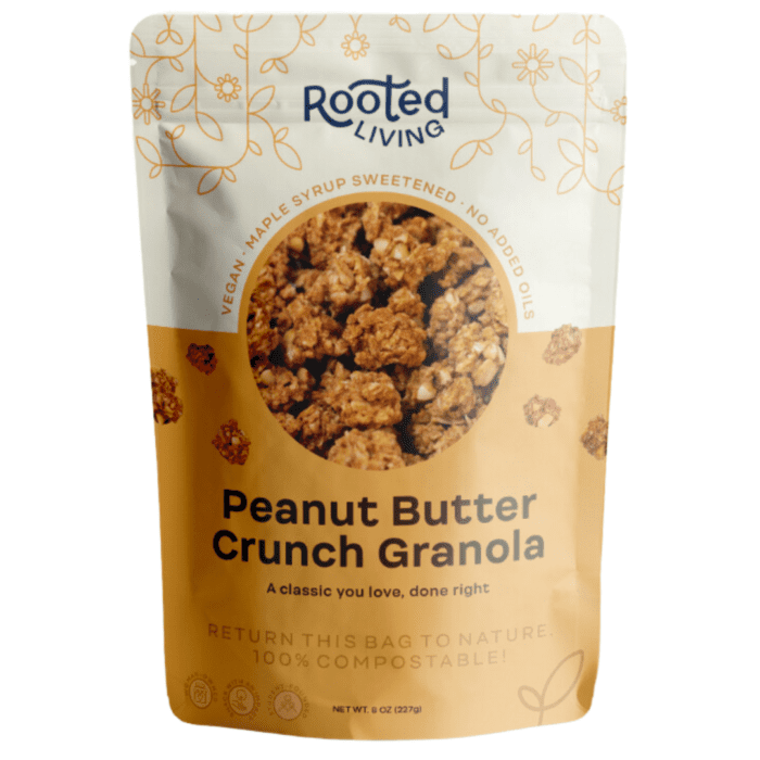 Peanut Butter Crunch Granola packaging with compostable label, showcasing the product’s ingredients and features.