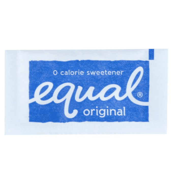 Equal Sweetener packaging with zero-calorie sugar substitute, ideal for beverages and cooking.