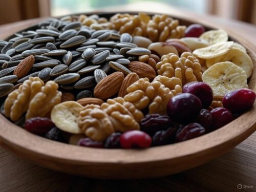 Organic mixed nuts and dried fruits in a wooden bowl, including sunflower seeds, pepitas, seedless raisins, almonds, walnuts, cranberries, banana chips, Brazil nuts, and cashews, all 100% organic.