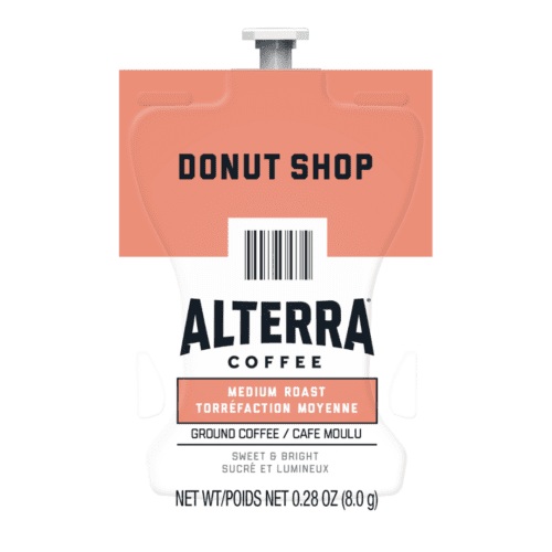 Alterra Donut Shop Coffee packet, 0.28 oz, medium roast ground coffee, sweet and bright flavor, ideal for coffee lovers seeking a convenient, tasty brew.