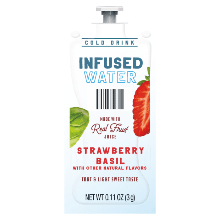 Infused Water Strawberry Basil packet, 0.11 oz, made with real fruit juice, tart and lightly sweet taste, cold drink with natural flavors, featuring strawberries and basil leaves.