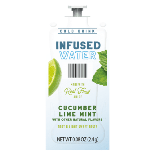 Infused Water Cucumber Lime Mint packet, 0.08 oz, made with real fruit juice, tart and lightly sweet taste, cold drink with natural flavors, featuring cucumber, lime, and mint leaves.