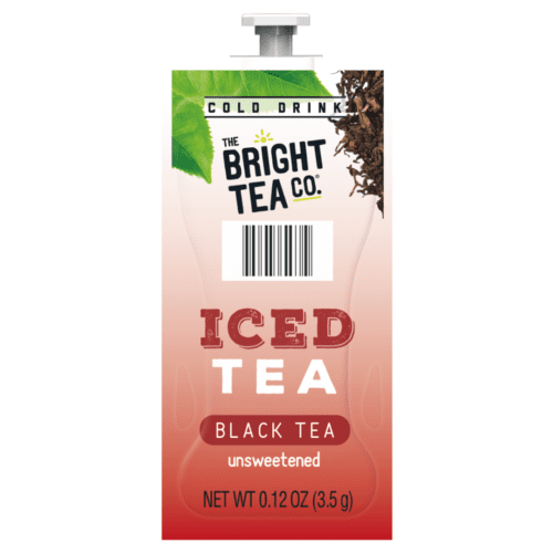 The Bright Tea Co. Iced Tea packet, 0.12 oz, black tea unsweetened, cold drink for a refreshing, bold tea experience, featuring tea leaves and a green leaf design.