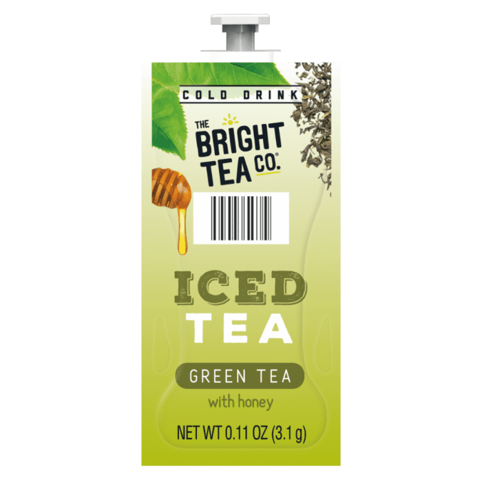 The Bright Tea Co. Iced Tea packet, 0.11 oz, green tea with honey, cold drink for a refreshing, sweet tea experience, featuring tea leaves and honey drip design.