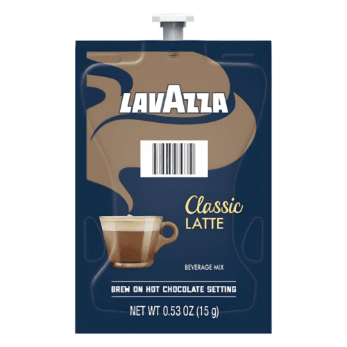 "Lavazza Classic Latte Beverage Mix packet, 0.53 oz, featuring a rich latte in a coffee cup, brewed on hot chocolate setting, perfect for coffee lovers.