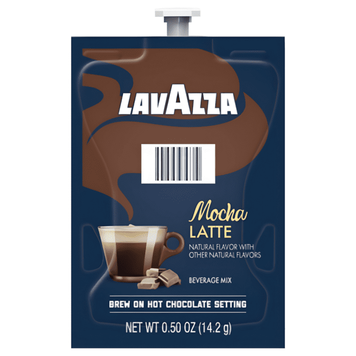 Lavazza Mocha Latte Beverage Mix packet, 0.50 oz, featuring a rich mocha latte in a coffee cup, brewed on hot chocolate setting, with natural flavors.