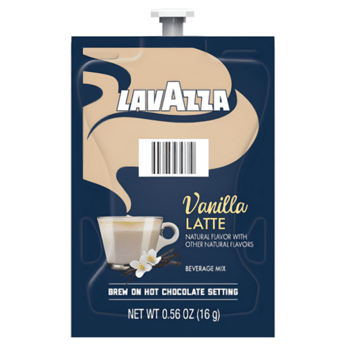 Lavazza Vanilla Latte Beverage Mix packet, 0.56 oz, featuring a creamy vanilla latte in a coffee cup with vanilla flowers, brewed on hot chocolate setting, with natural flavors.