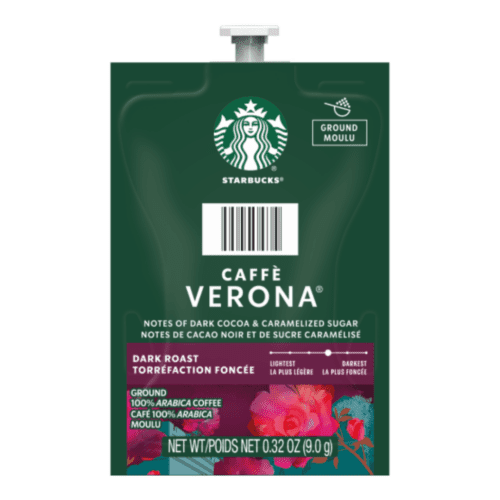 Starbucks Caffè Verona Coffee packet, 0.32 oz, dark roast ground coffee, 100% Arabica, with notes of dark cocoa and caramelized sugar, ideal for a rich coffee experience.