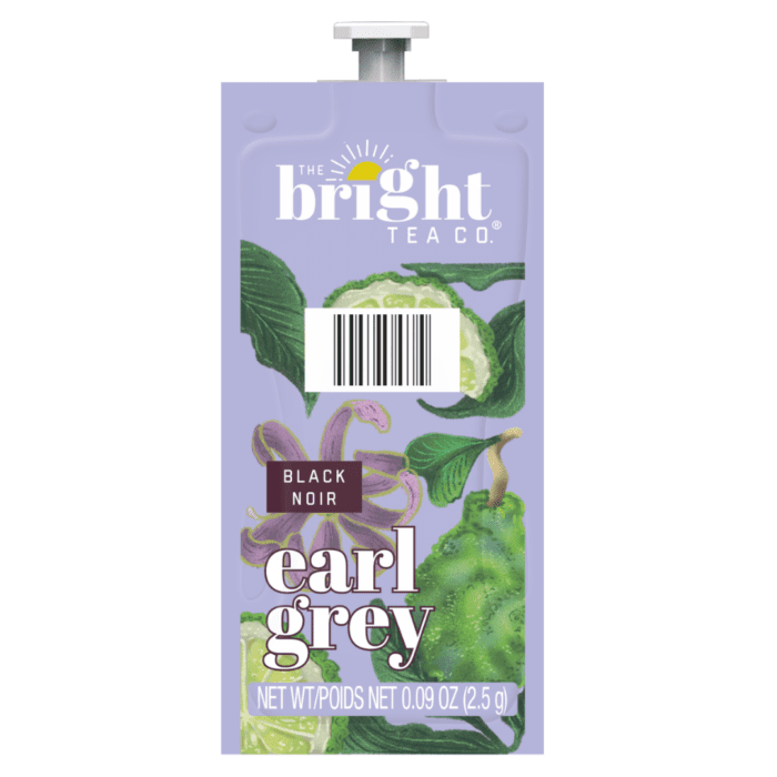 The Bright Tea Co. Earl Grey Black Tea packet, 0.09 oz, featuring citrus and floral notes, ideal for a classic, aromatic tea experience, with tea leaves and bergamot design.