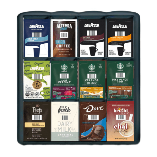 Caffein8 L-Series 12 Slot Merchandiser CAF-207, black frame with 12 slots for organizing your brew packs, rotating design for countertops.