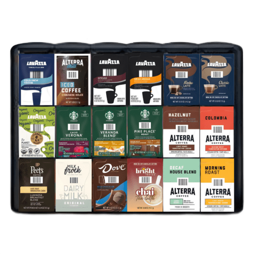 Caffein8 L-Series 18 Slot Merchandiser with 18 slots for organizing brew-packs, sleek space-saving design for high-traffic areas next to L-Series coffee machines, includes various coffee flavors.