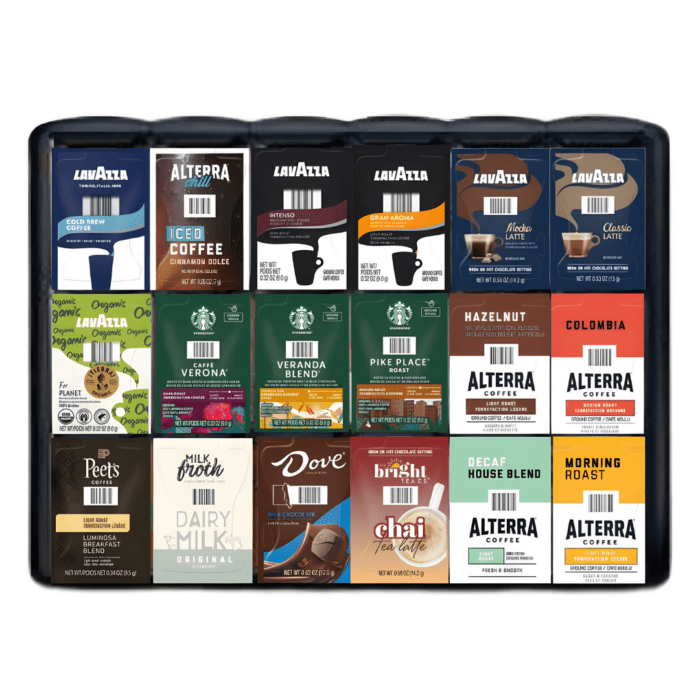 Caffein8 L-Series 18 Slot Merchandiser with 18 slots for organizing brew-packs, sleek space-saving design for high-traffic areas next to L-Series coffee machines, includes various coffee flavors.