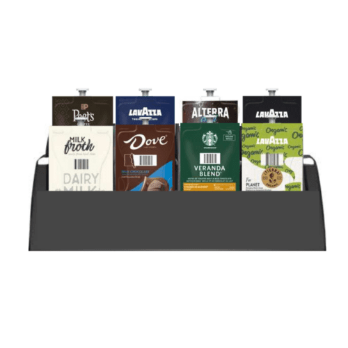 "Caffein8 L-Series 8 Slot Merchandiser with 8 slots for organizing brew-packs, compact miniature design for small setups next to L38 or L68 coffee machines, includes various coffee flavors.