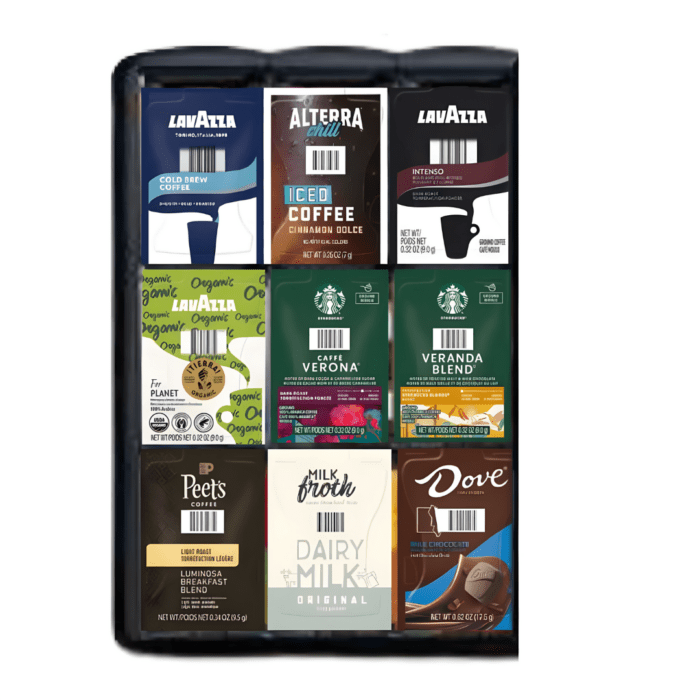 Caffein8 L-Series 9 Slot Merchandiser with 9 slots for organizing brew-packs, compact design for smaller setups next to L38 or L68 coffee machines.