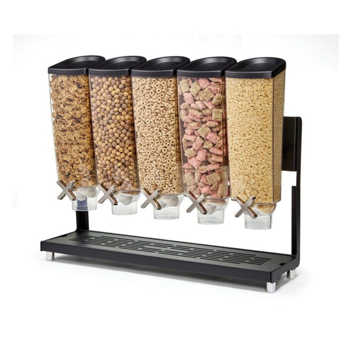 Z5-Black Tabletop Dispenser Stand & Catch Tray (1-Gal) - Z-31, featuring a black matte metal frame and 5 ABS plastic containers, 1 oz portion control wheels, 24.25 x 7.5 x 20.25 inches, ZWP™ compatible.