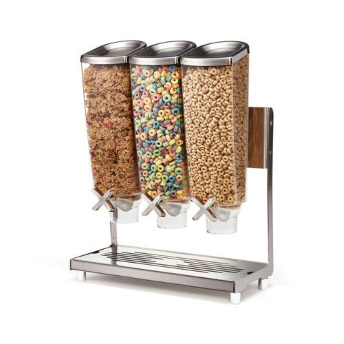 Z3-Steel Tabletop Dispenser with Stainless Steel Stand & Catch Tray (1-Gal) - Z-29, featuring 3 ABS plastic containers, portion control wheels for 1 oz servings, 15.38 x 7.5 x 20.25 inches, ZWP™ compatible.