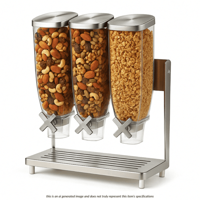 Z3-Steel Tabletop Dispenser with Stainless Steel Stand & Catch Tray (1-Gal) - Z-29, featuring 3 ABS plastic containers, portion control wheels for 1 oz servings, 15.38 x 7.5 x 20.25 inches, ZWP™ compatible.