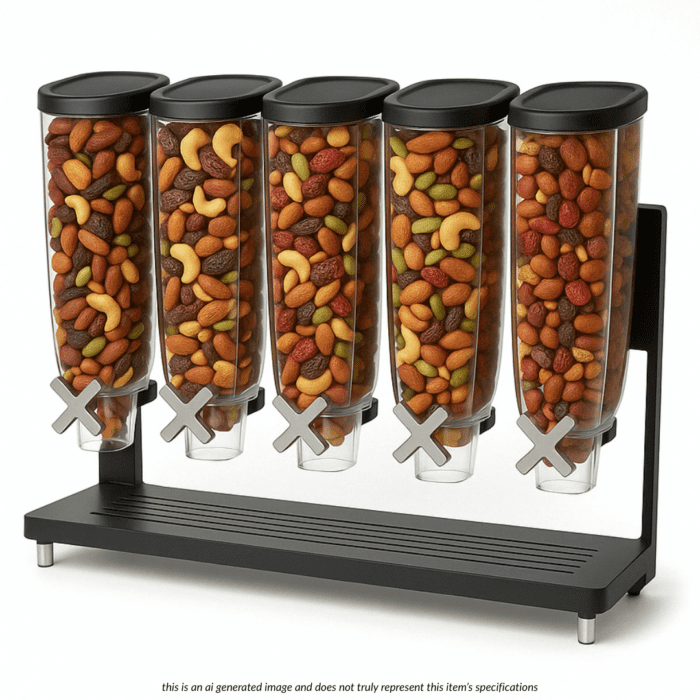Z5-Black Tabletop Dispenser Stand & Catch Tray (1-Gal) - Z-31, featuring a black matte metal frame and 5 ABS plastic containers, 1 oz portion control wheels, 24.25 x 7.5 x 20.25 inches, ZWP™ compatible.