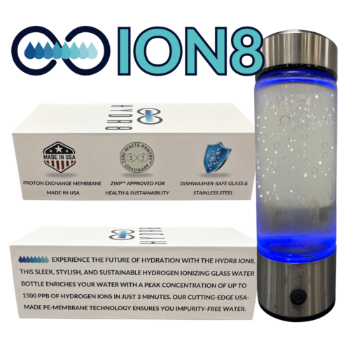 Hydrogen water bottle with stainless steel cap, glowing blue LED base, and branded Hydr8 packaging featuring icons for Made in USA, Zer0 Waste Pantry™ approval, and dishwasher-safe materials.