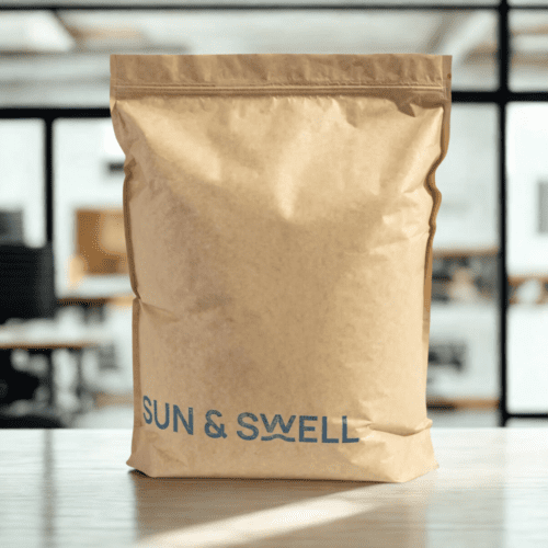 Bulk packaging labeled “Sun & Swell,” containing roasted and salted cashews—packed in 5 lb recyclable bags for Hydr8’s Zer0 Waste Pantry™ snack program.