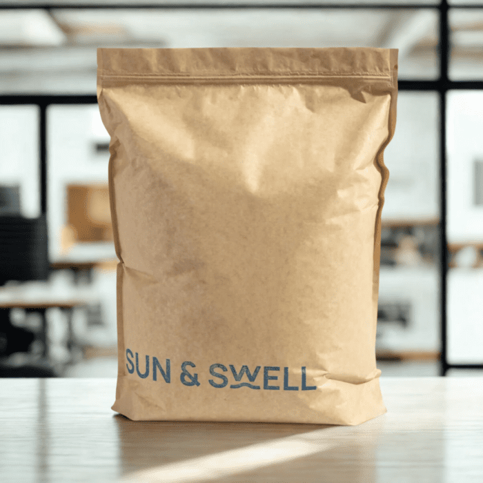Bulk packaging labeled “Sun & Swell,” containing roasted and salted cashews—packed in 5 lb recyclable bags for Hydr8’s Zer0 Waste Pantry™ snack program.