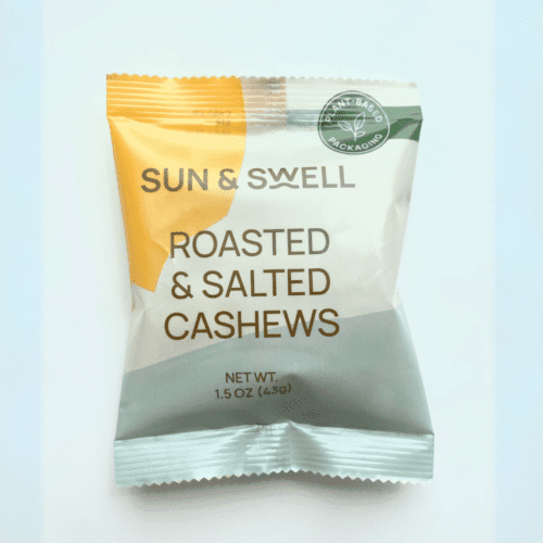Compostable single-serve snack pack of roasted and salted cashews, made for Hydr8’s Zer0 Waste Pantry™—ideal for grab-and-go sustainable snacking.