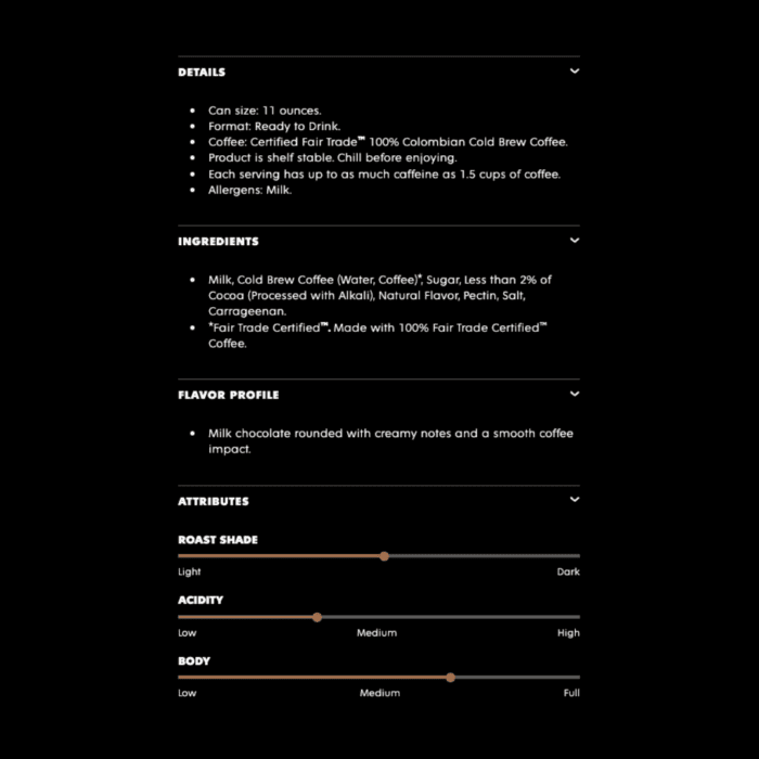 Product facts for Death Wish Coffee® Mocha Latte, including ingredients like cocoa and cold brew, flavor description, and attribute bars for roast, acidity, and body.