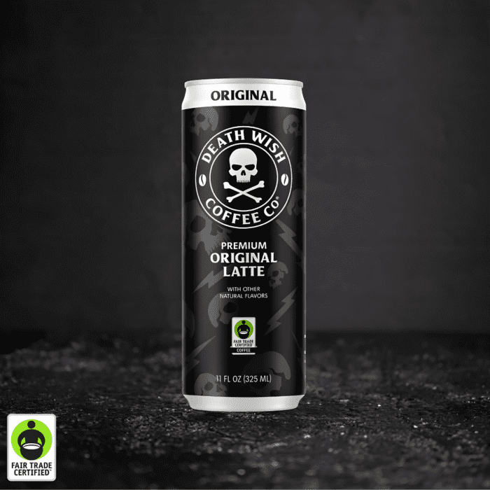 Tall black can of Death Wish Coffee® Original Latte featuring the skull and crossbones logo, labeled as Fair Trade Certified™ with 11 fluid ounces.