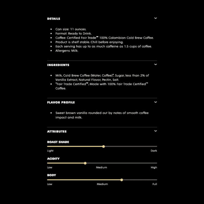 Product details and flavor attributes of Death Wish Coffee® Vanilla Latte, including ingredient list, sweet vanilla flavor notes, and attribute sliders for roast, acidity, and body.