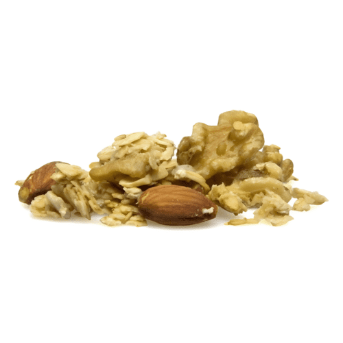 Close-up image of granola mixed with whole almonds, walnuts, and oats – part of Hydr8’s Zer0 Waste Pantry™ bulk snack line, packaged in recyclable bags.