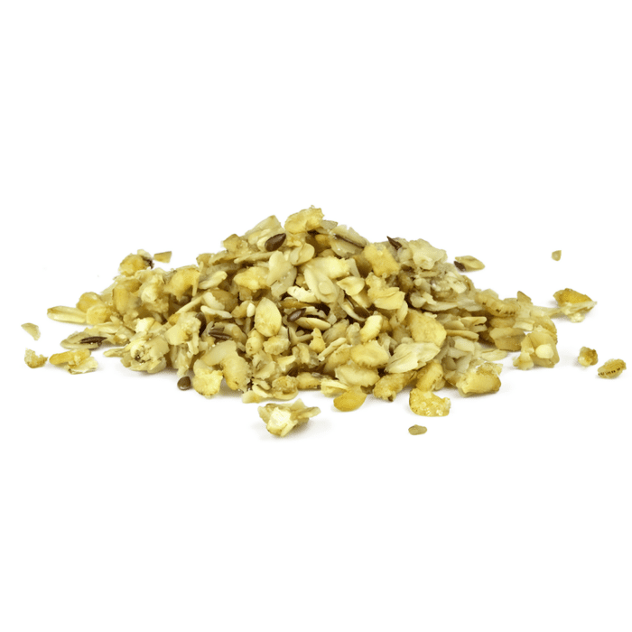 Image of granola blend featuring organic oats, flax, and hemp seeds – part of Hydr8’s Zer0 Waste Pantry™ bulk snacks line. Bulk-packed in recyclable bags for sustainable office snacking.