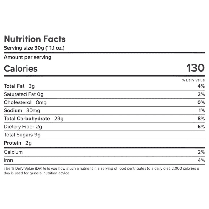 Bagged bulk vanilla granola with nutrition facts – part of Hydr8's Zer0 Waste Pantry™ line. Recyclable packaging, 25 lb case.