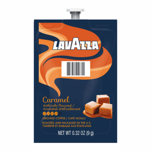 "Caramel Latte coffee brew pack, single-serve commercial packet with ground coffee, creamy caramel flavor, designed for professional coffee machines, featuring caramel drizzle.